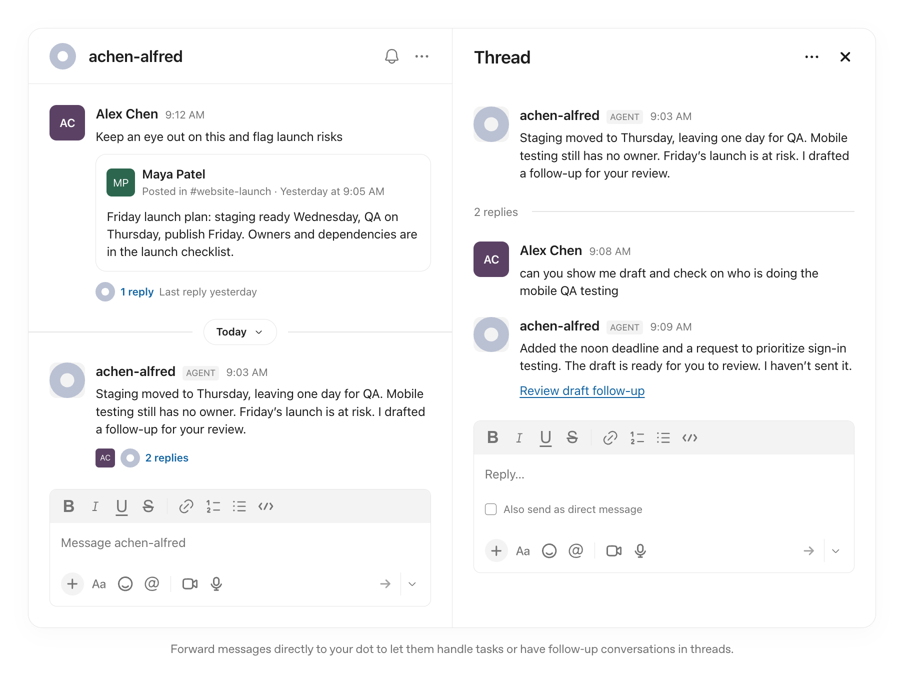 OpenAI illustration of a ChatGPT dot in a Slack thread, flagging a launch risk and drafting a follow-up for review.