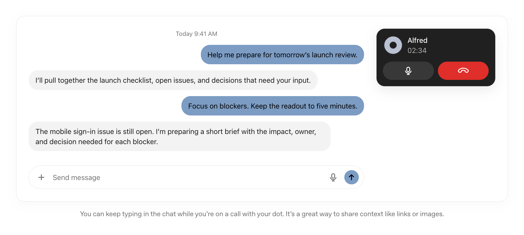 OpenAI illustration of a voice call with a ChatGPT dot named Alfred inside the ChatGPT app, with the chat thread beside the call.