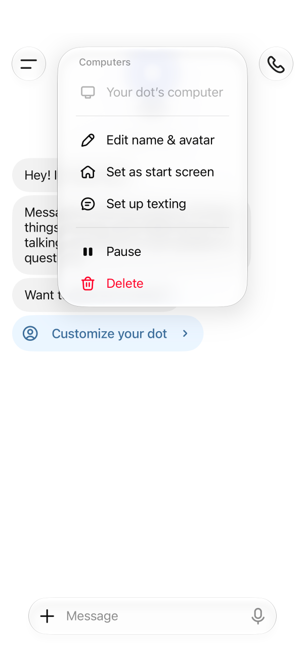ChatGPT iOS app showing a dot's menu with the Set up texting option.