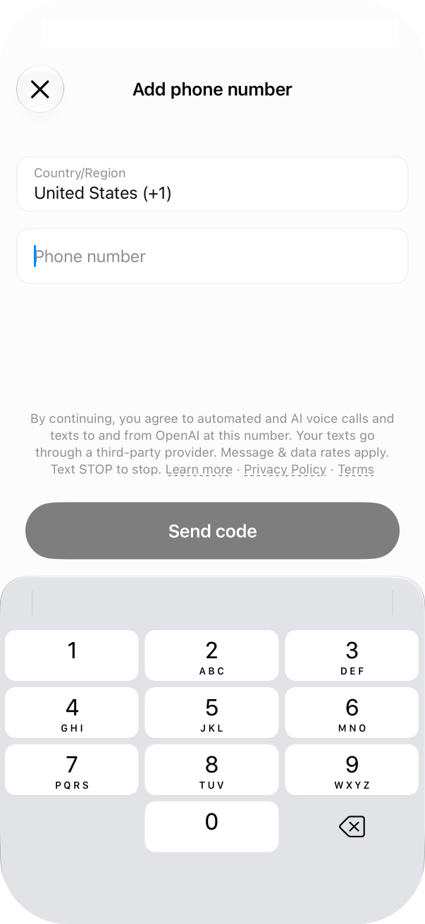 ChatGPT iOS app showing the Add phone number screen with a Send code button.