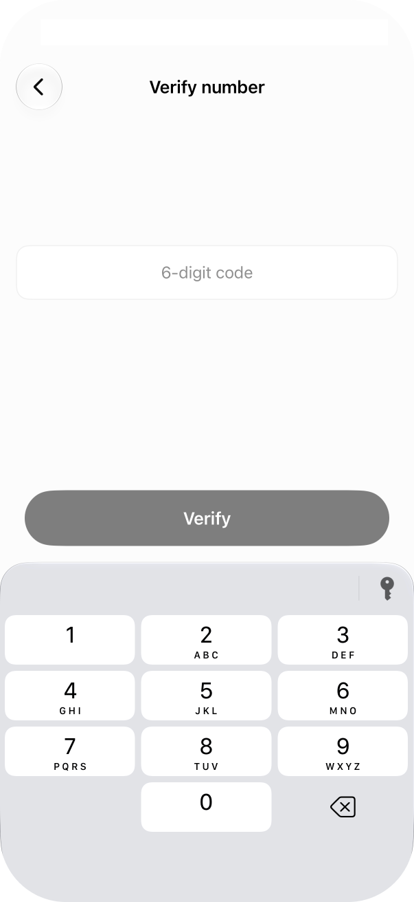 ChatGPT iOS app showing the Verify number screen with a 6-digit code field.