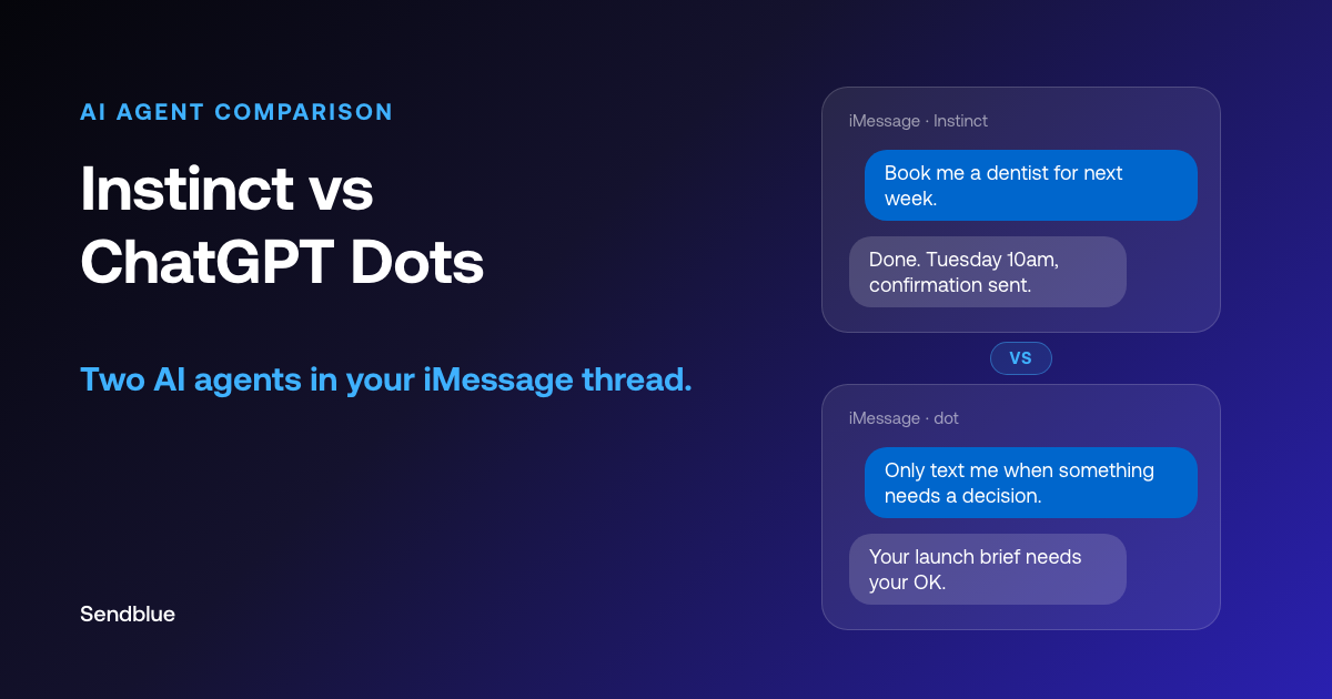 Cover image for Instinct vs ChatGPT Dots, showing an Instinct iMessage thread and a ChatGPT dot iMessage thread with a vs label between them.
